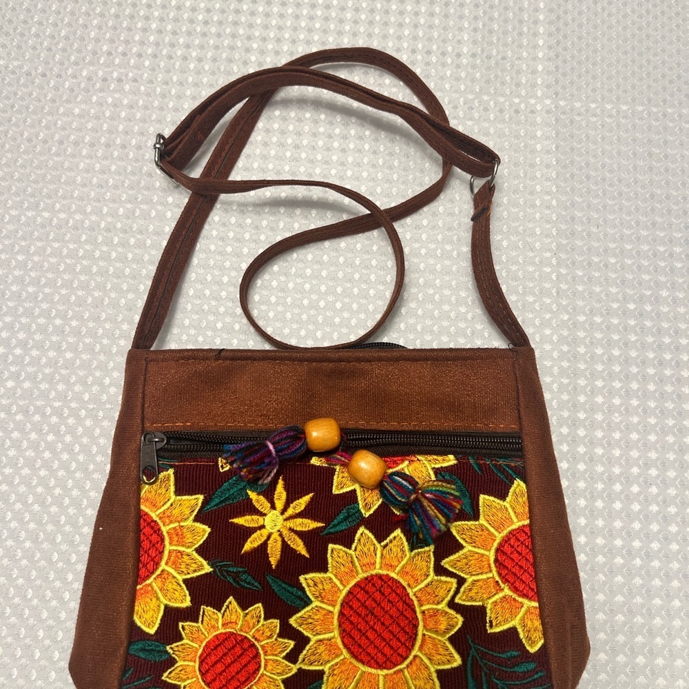 Sunflower Embroidered Tan Crossbody Bag - Picture 2 of 5
